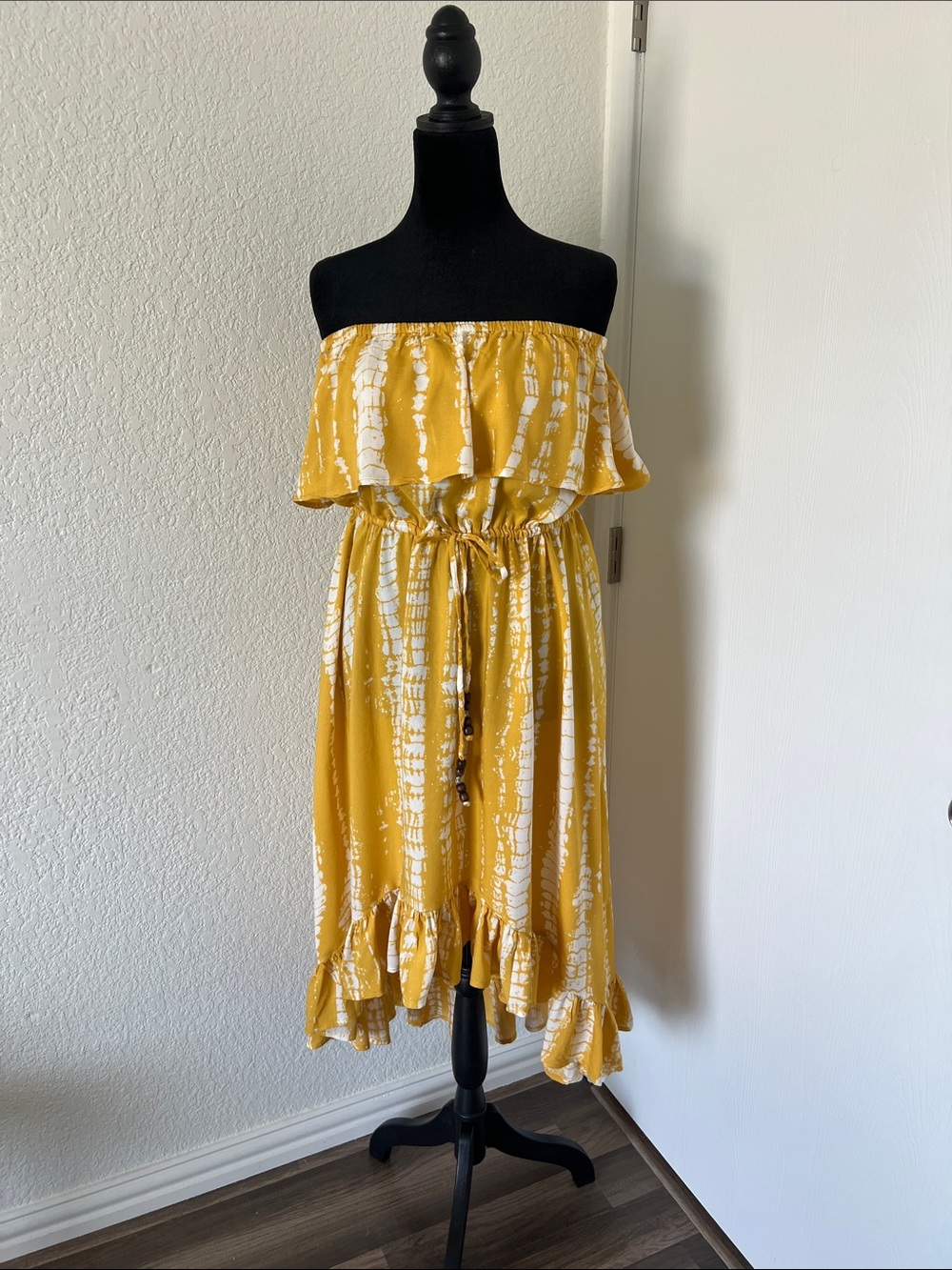 blue island Mustard Yellow Strapless Ruffle Midi Dress